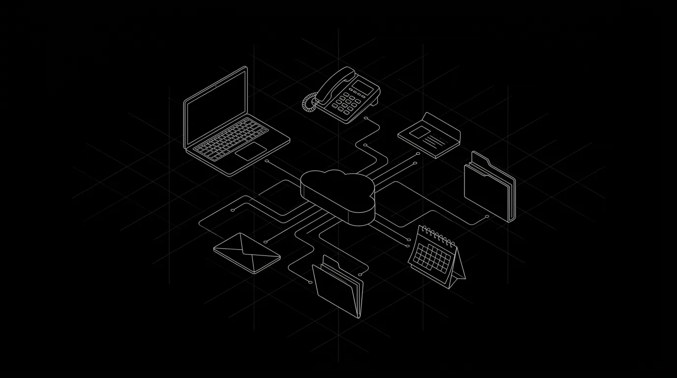 Gambar garis laptop, telepon, email, kalender, dan folder yang terhubung ke satu cloud pusat
